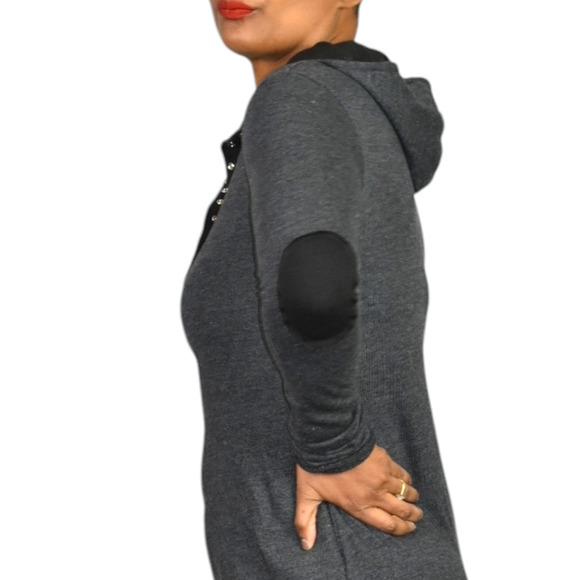 Noctex Henley Sweater Dress Grey Charcoal Wool Midi Hooded Pockets Side Slits XS - Picture 8 of 15